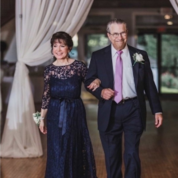 NWT RICKIE FREEMAN FOR TERI JON 3/4-sleeve Lace Overlay Gown In Navy $640 - Picture 8 of 8